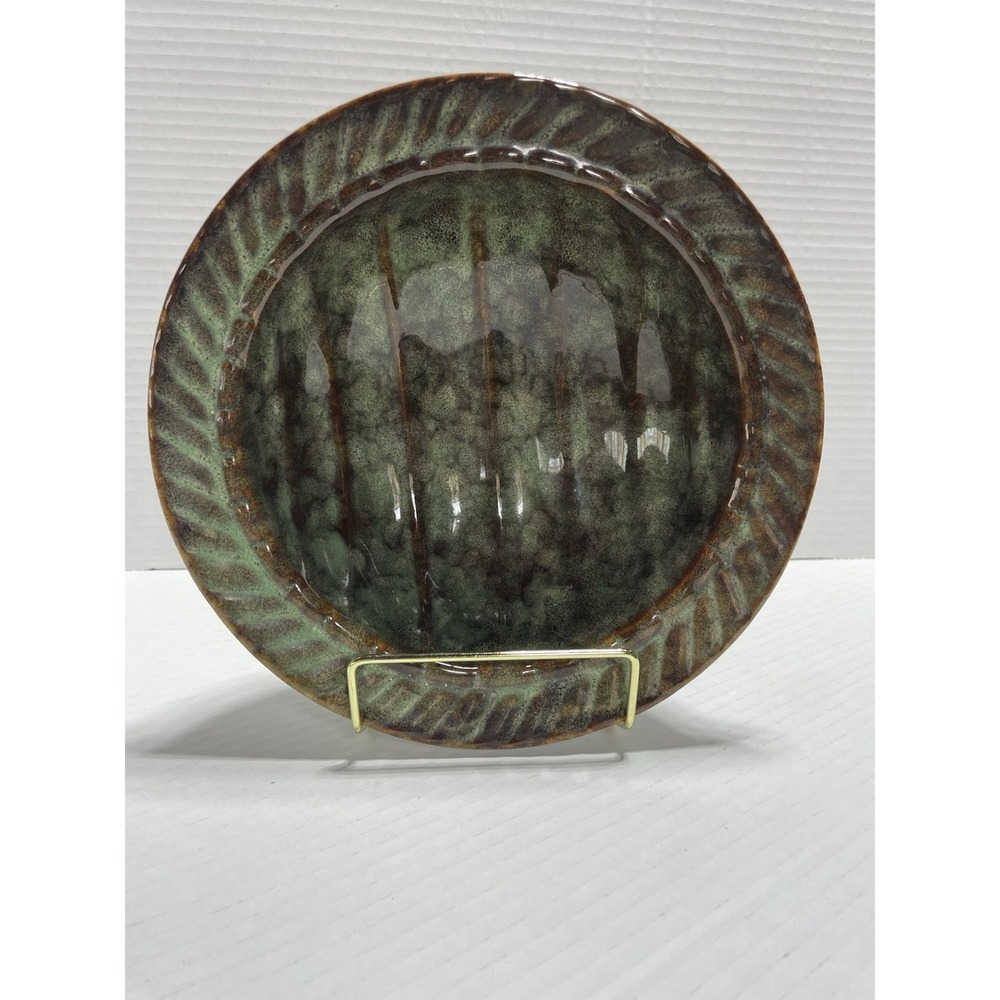 Green Brown Pottery Serving Bowl Grooved Glazed 8.5" Serving Fruit Bowl Decor
